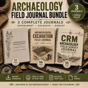 Peut inclure: Un ensemble de trois carnets de terrain d'archéologie à reliure spirale intitulés Experimental Archaeology, Archaeological Excavation Field Journal et CRM Archaeology Field Survey Journal, avec des illustrations, le nombre de pages et du texte.