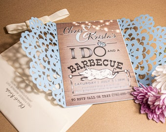 Invito al barbecue per matrimonio - personalizzato. Biglietto 5x7 con cartella ritagliata in pizzo e busta personalizzata