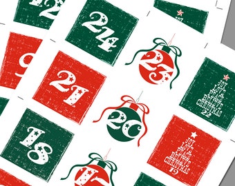 Stampabile dell'Avvento rustico: addobbi natalizi e alberi di Natale.