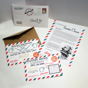 Set "Carta de Papá Noel" de 5 piezas. Incluye Carta Personalizada, Certificado Niza, Aviso de Entrega, Sobre Impreso y Carpeta Hecha a Mano.