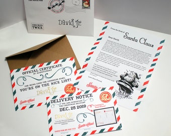 Set "Lettera da Babbo Natale" da 5 pezzi. Include lettera personalizzata, certificato di Nizza, avviso di consegna, busta stampata e cartella fatta a mano.