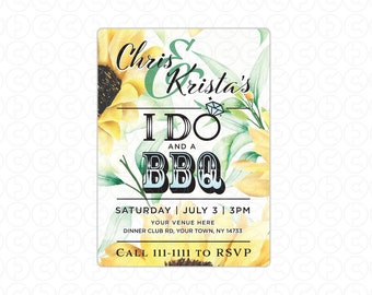 Invito per matrimonio al barbecue - Girasoli - 10 biglietti piatti personalizzati 5x7 con 10 buste (patta personalizzata con indirizzo del mittente)
