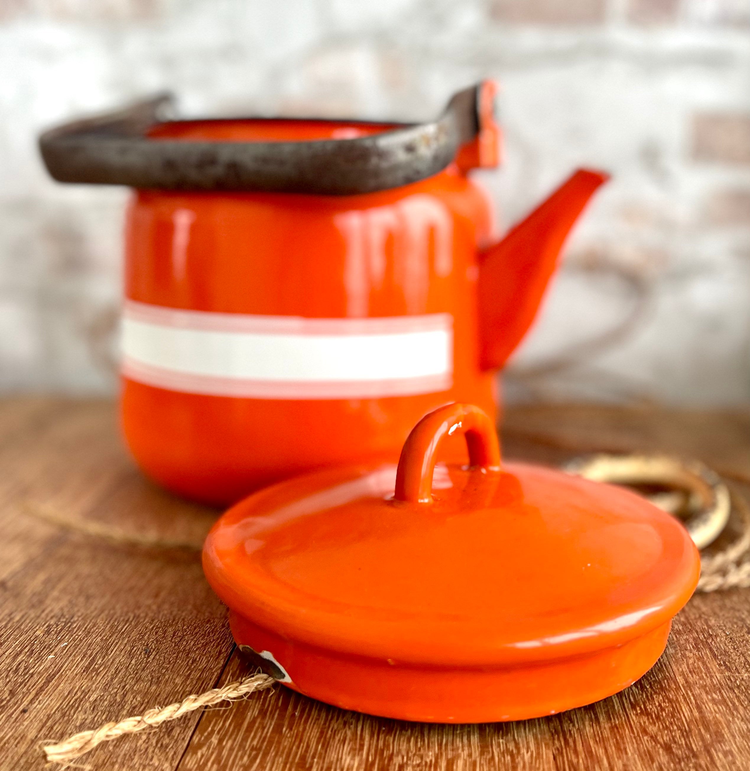 VINTAGE MID CENTURY OTTO BRIGHT ORANGE TEA KETTLE POT WITH HANDLE JAPAN