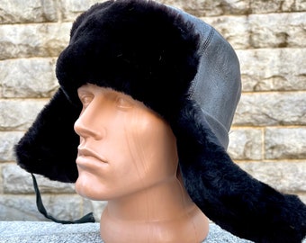 Soviet Navy Black Hat Vintage Size 58 US Large Sheepskin Winter High Rank Officer Leather Top Rainproof Gift for Him