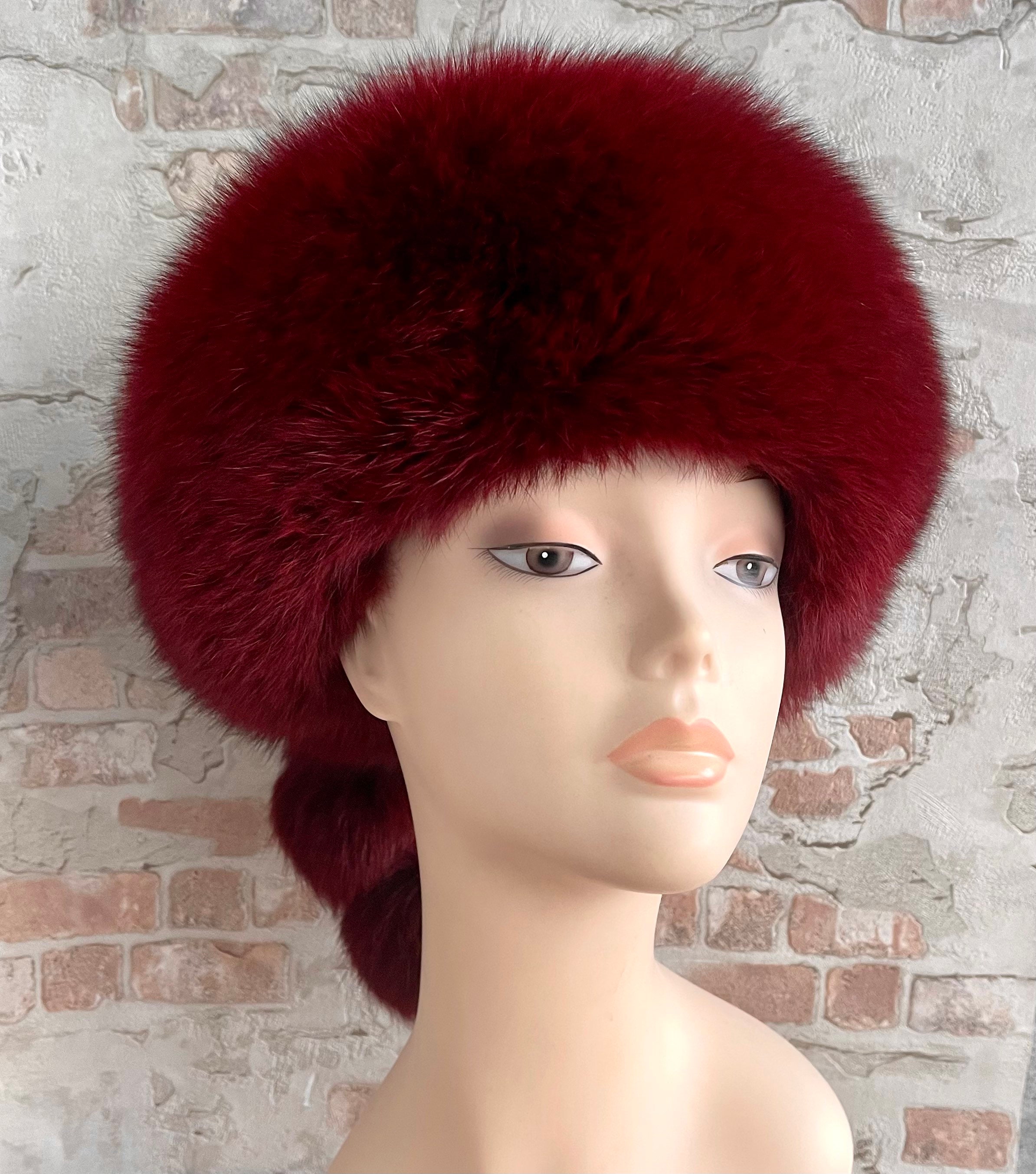 Vintage Red Burgundy Fur Hat Women Winter Polar Fox Handcrafted
