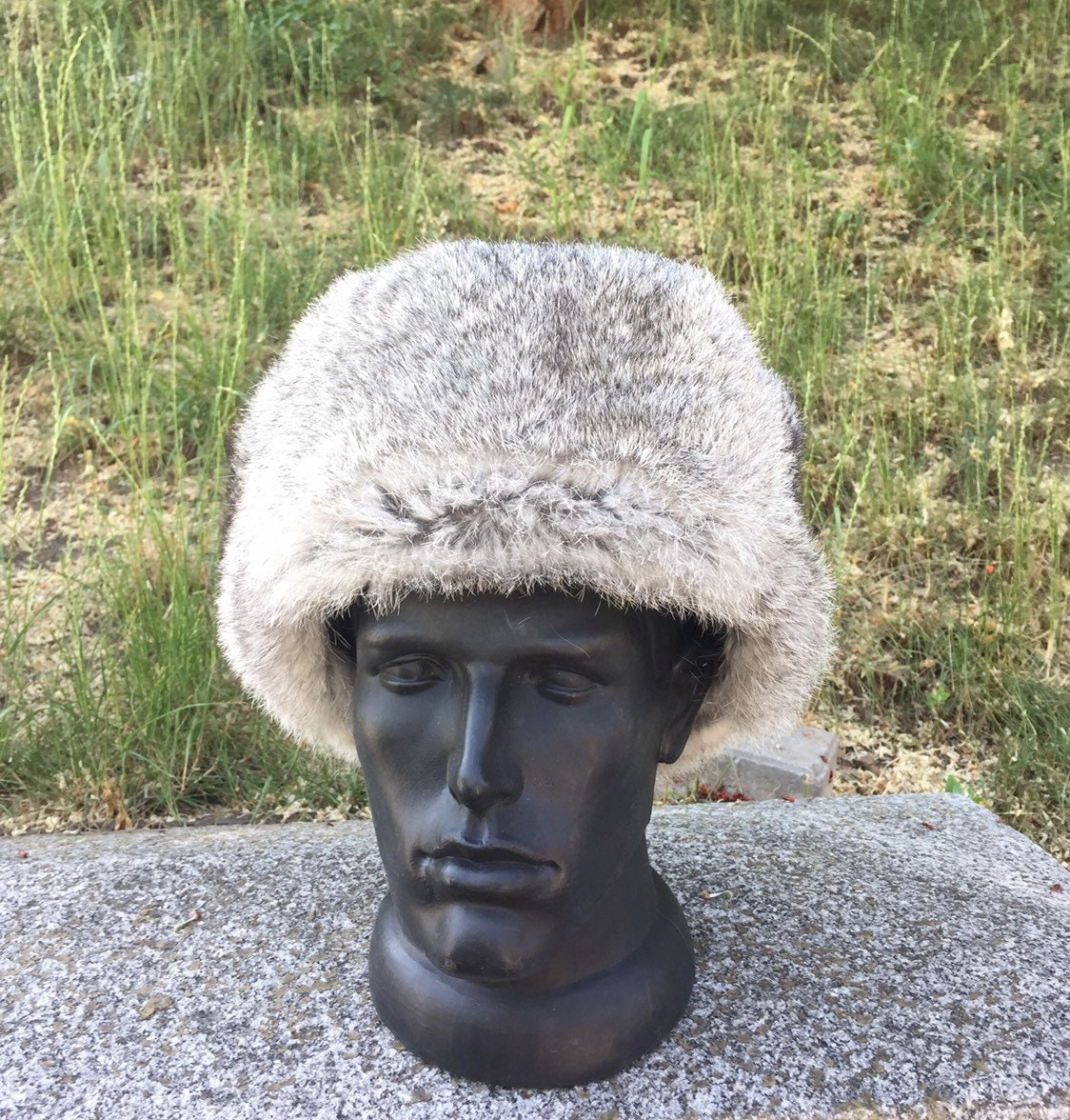 Rabbit Fur Hat - Grey Toned Trapper Earflaps Unisex Handcrafted