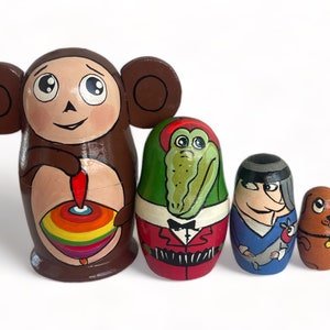 Cheburashka - Stacking Nesting Dolls Toys - Hand Painted - Soviet Cartoon Character 5 pcs 10.5 cm - Kids Gift