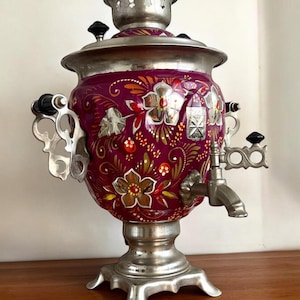 Советский винтажный узор самовар с цветочным орнаментом, чайник с ручной росписью, 3 литра, 13,8 дюйма, фиолетовый, СССР, 1991 г.