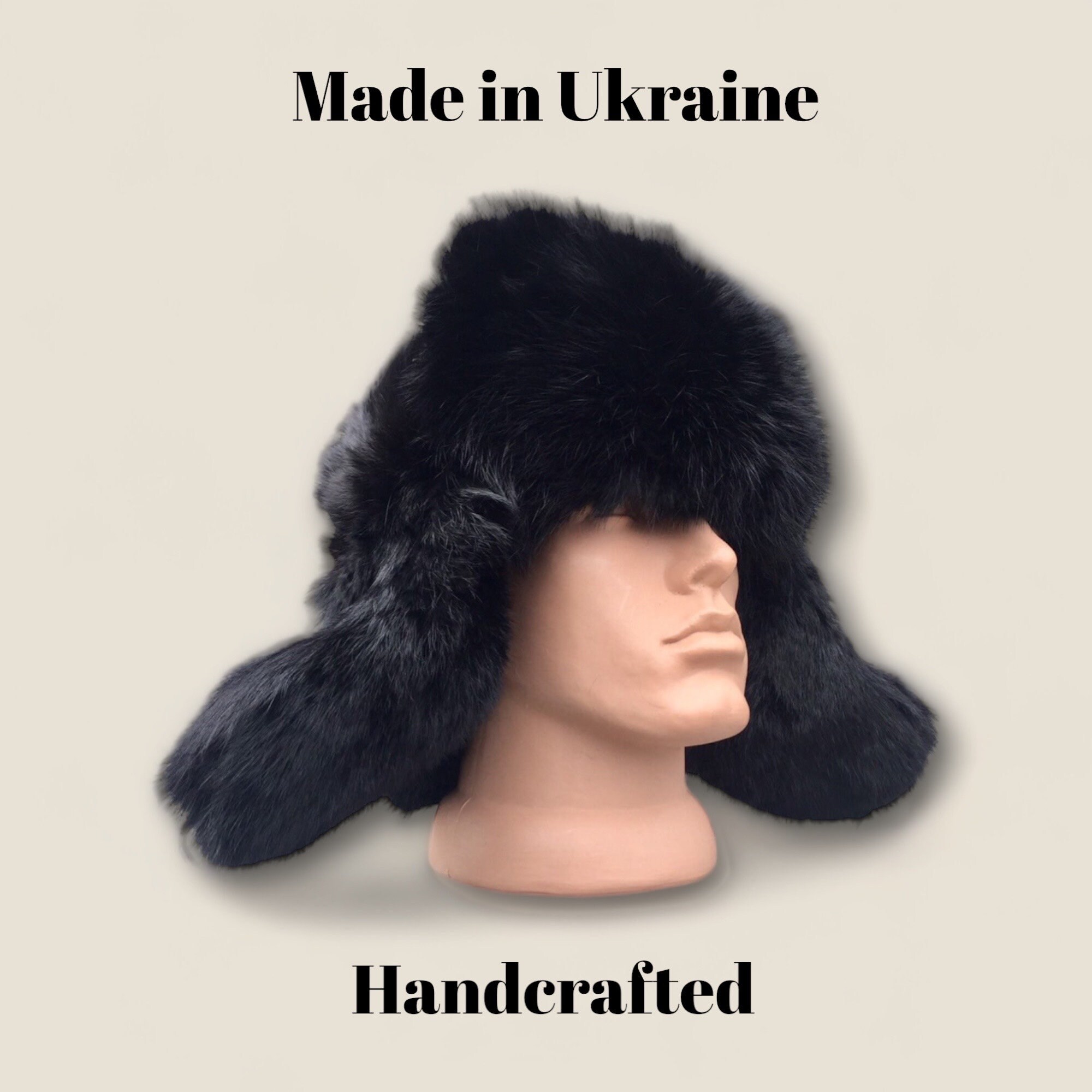 New Rabbit Fur Hat - Black Toned Winter Fluffy Ushanka Ear Flaps