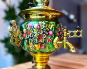 Green w Gold Flowers Soviet Vintage Samovar - Russian Electric Metal Hand Painted Teapot 3 Liter, 13 ,1992.