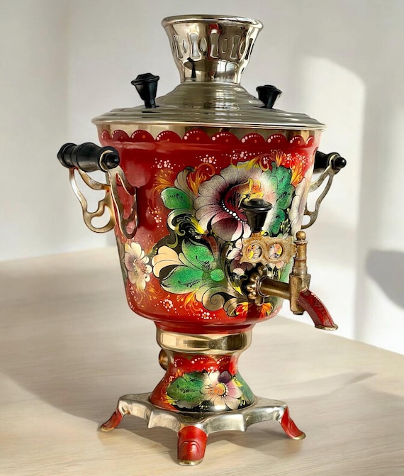 美品 アンティーク 旧ソ連製 サモワール ステンレス USSR 電気湯沸かし器 Vintage Electric Samovar - Soviet Metal Flowers Hand Painted