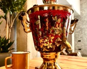 New Soviet Russian Vintage Samovar - Red w Gold Electric Hand Painted Teapot 3 Liter, 14 ,Flowers Pattern USSR 1985