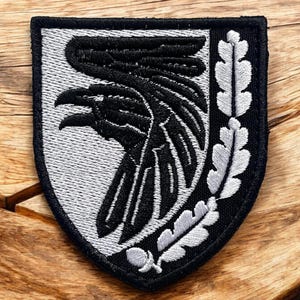 May include: A black and white embroidered patch featuring a stylized raven with wings spread, perched on a branch of oak leaves. The patch is shaped like a shield and has a black border.