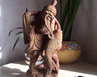 Antique ORIENTALIST SCULPTURE Figural Carved Wood Old Chinese Man Fishermen with Fish Statue