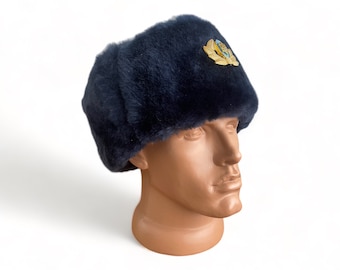 New Blue Military Ukrainian Army Hat 59-60 cm, High Rank Officers Sheepskin  Fur Leather Top Made in Ukraine.