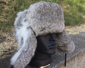 Sombrero de piel gris conejo - Orejeras de invierno Unisex Ushanka hecho a mano Nuevo Hecho en Ucrania