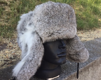 Konijn grijze bontmuts - Winter oorkleppen Unisex handgemaakte Ushanka nieuw gemaakt in Oekraïne