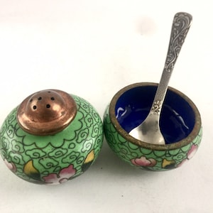 Cloisonné - Vintage Set of Salt Cellar and - Melchior Mustard Pot,Salt Jar, Small Jar for Salt,1960’s, China