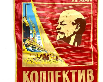 Большой советский флаг-вымпел - винтажный вымпел СССР, настенный декор, советская пропаганда 1970-х годов.