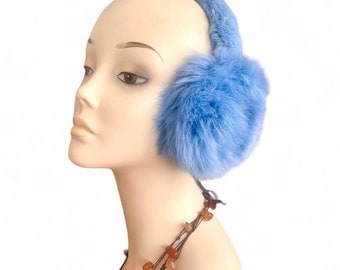 Blue Toned Earmuffs - Rabbit Fur - Fluffy Ear Warmers - Handcrafted - Adjustable