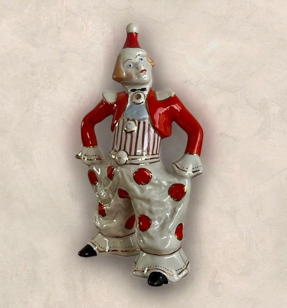 Cevik Clown Figurine USED ピエロ陶器人形置物 Vintage Ceramic Creepy Circus CLOWN w/ X Eyes Figurine