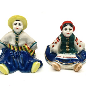 Vintage 1950s Ukrainian Porcelain Figurine Ser Hand- Painted Miniature Boy & Girl in National Dress, Korosten Factory USSR