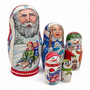 Red Santa Claus Nesting Stacking Dolls Father Frost 16.5 cm 6.5” Hand Painted 5 pcs Wooden Matryoshka Xmas Gift
