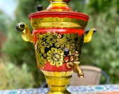 Soviet Russian Vintage Samovar - Red w Gold Electric Hand Painted Teapot 3 Liter, 14 ,Flowers Pattern USSR 1985