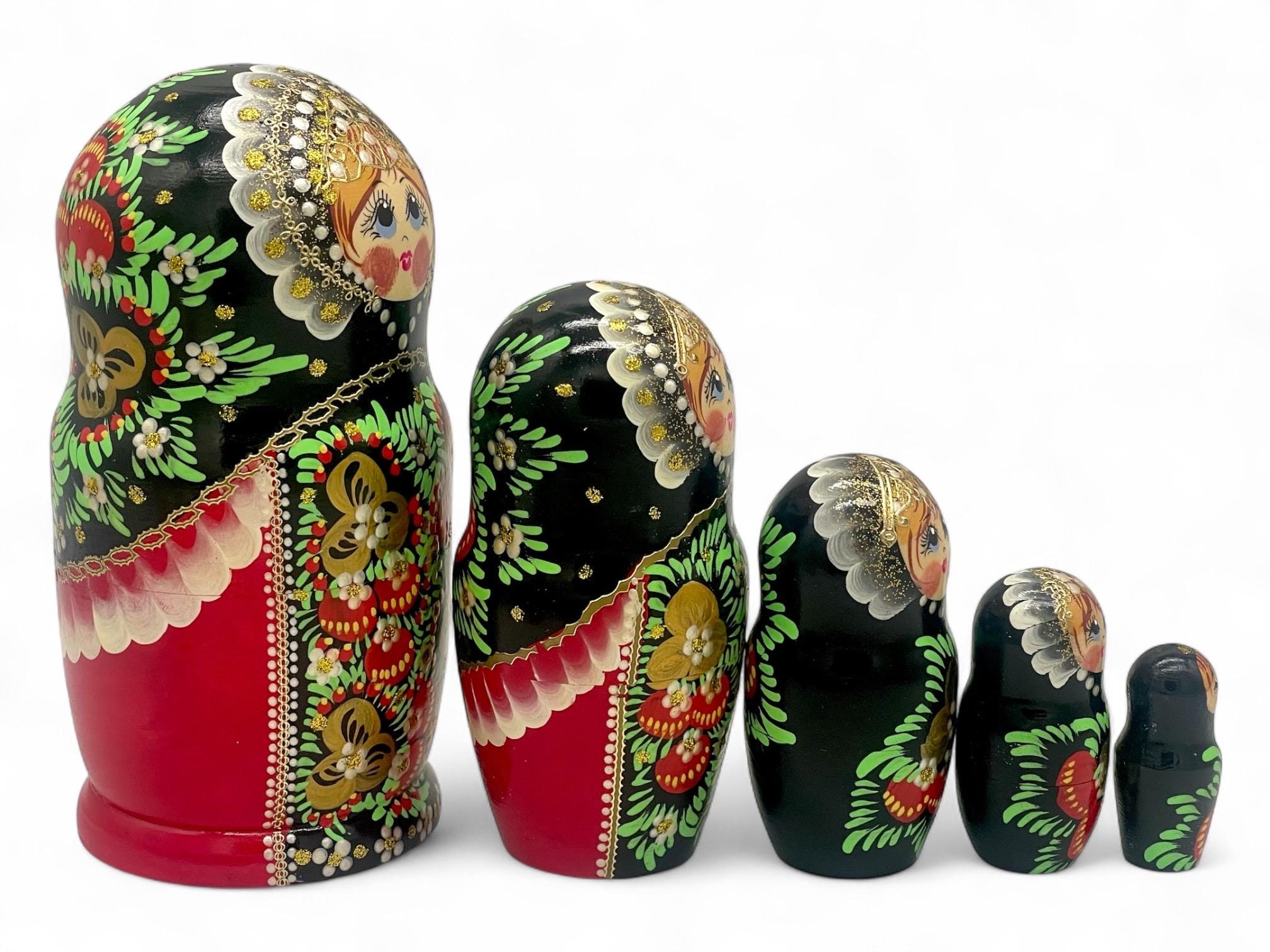 Nesting Dolls Russian Matryoshka Red/ Black Strawberries Flowers