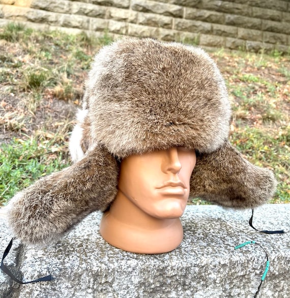 Grey W/ Brown Rabbit Hat Russian Fur 