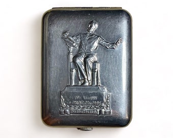 Tchaikovsky Soviet Russian Vintage Cigarette Case Holder Silver Toned Metal Wallet Made in USSR 1970’s