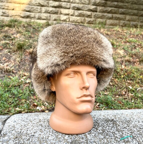 Grey W/ Brown Rabbit Hat Russian Fur 