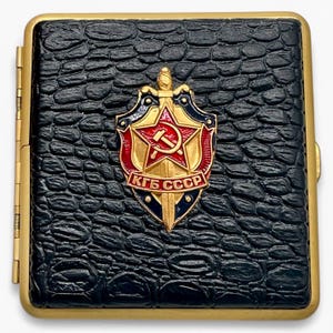 KGB USSR Cigarette Case - Soviet Emblem / Badge, Cigarette Holder ,Black Leatherette ,Spy Gear