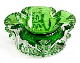 Vintage Green/Clear Bowl Murano Style Art Glass Dish Cigar Ashtray Big Heavy Decorative Чехия 1970’е