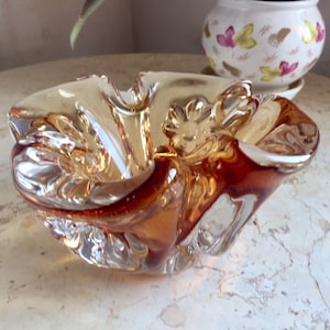 Amber/ Cognac Toned Art Glass Candy Bowl Dish Cigar Vintage Mid century Glass Ashtray 6” Bohemian 1970’s