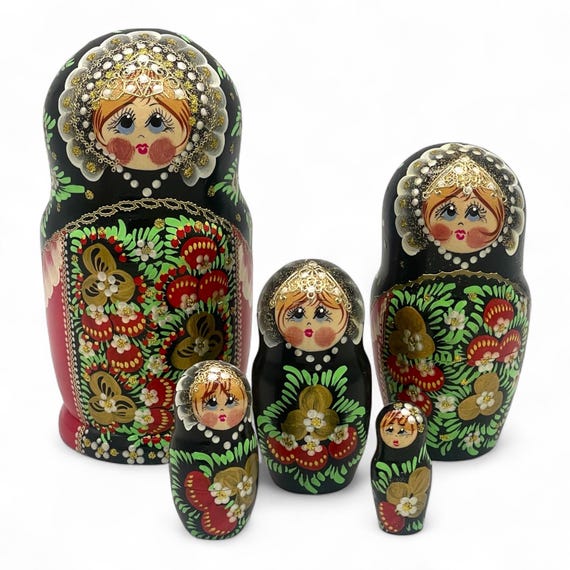 Nesting Dolls Russian Matryoshka Red/ Black Strawberries Flowers