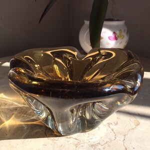 Olive Color Glass Bowl - Vintage Seguso, Стеклянная пепельница, Boho Венецианское художественное стекло, 1970-е годы