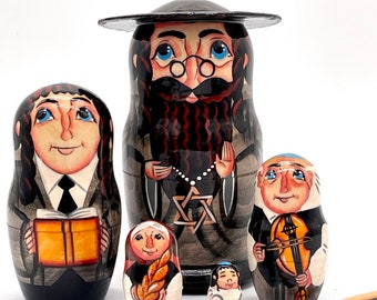 Jewish Family - Jews w/ Star David Nesting Doll 5 pcs 13 cm Hand Painted ,Stacking Matryoshka
