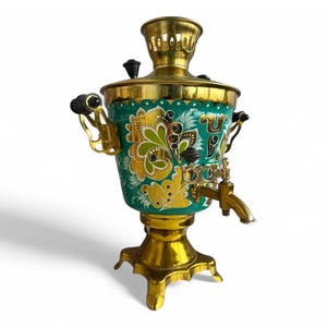 NOS Soviet Vintage Samovar - Turquoise w/ gold ,  14.5” Tall Hand Painted Teapot Floral Pattern USSR 1992 Kitchen Decor & Display