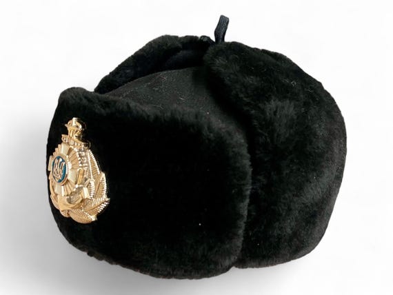 Military VTG Hat Navy Ushanka Black Sheepskin Mouton - Size 58