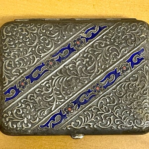 Vintage Retro Cigarette Case - Soviet Silver-toned Metal Purple Flowers Pattern Enamels USSR 1980’s