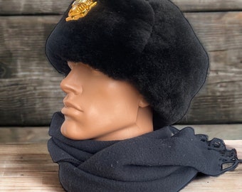 Ukrainian Navy Hat Vintage Black Military - Size 58 Winter Type - Commander Officers - Sheepskin - Leatherette Top