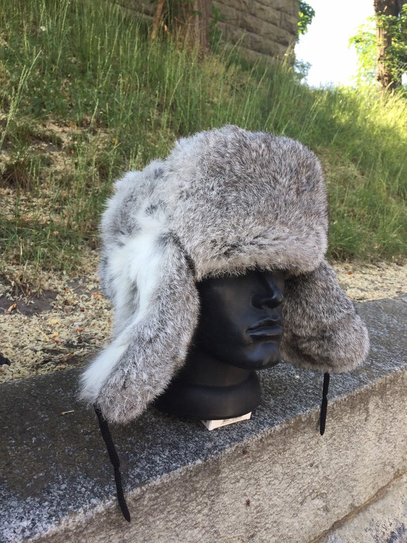 Rabbit Fur Hat Grey Toned Trapper Earflaps Unisex Handcrafted Ushanka