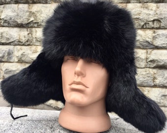 Neue Kaninchenfellmütze - Schwarz getönte Winter Flauschige Uschanka Ohrenklappen Made in Ukraine