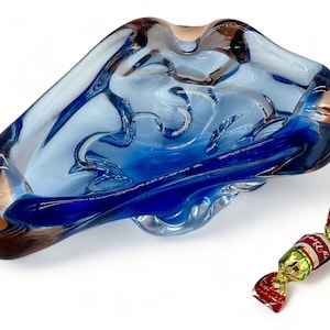 Czech Glass Ashtray - Blue w/Amber Bowl -  Vintage Venetian Art Glass - Czechoslovakia 1970’s