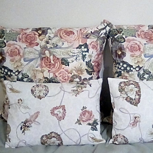24 inch Square and Lumbar Pillow Cover with Cherubs and Flowers, Romantic Pastels and Jewel tones screen printed on  white cotton
