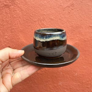 DarkBLUT Handmade Ceramic Espresso Tumbler and Saucer, Espresso Cup, Sake Cup and Saucer, Stoneware Tumbler