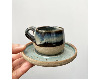 Handmade Ceramic Espresso Mug with Saucer, Espresso Cup with Handle, Sake Cup and Saucer