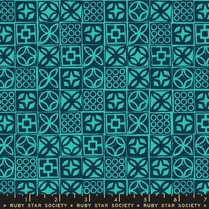 May include: A fabric featuring a repeating grid pattern of teal geometric shapes on a dark navy blue background. The design includes squares with four-petaled flowers, circles with crosses, and grids of nine small circles. Ruby Star Society text is visible.