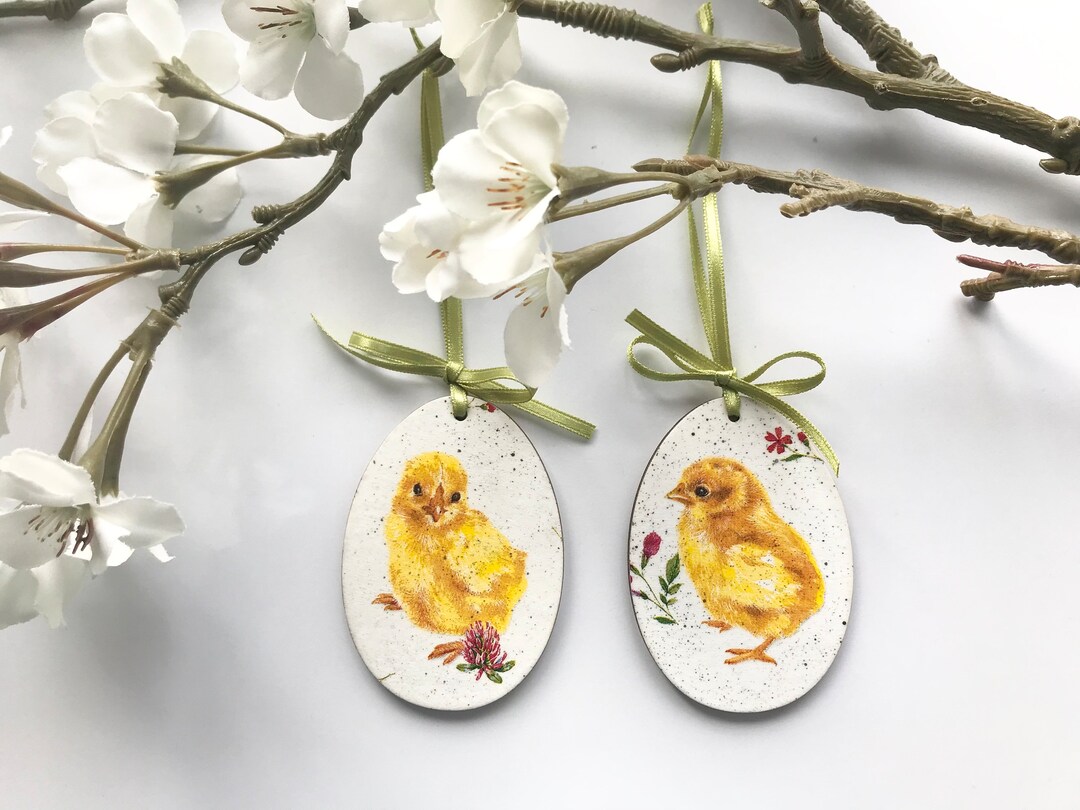 Set of 2 Chick Easter Egg Ornaments/ Decoupaged Easter Decorations